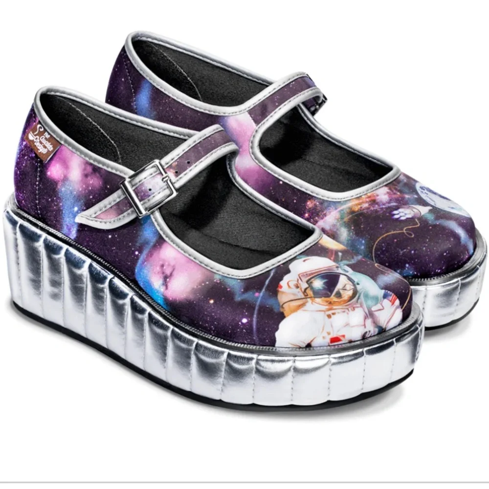 Galaxy Astronaut Platform Mary Janes - Silver Platform, Purple Galaxy Print - Picture 2 of 11
